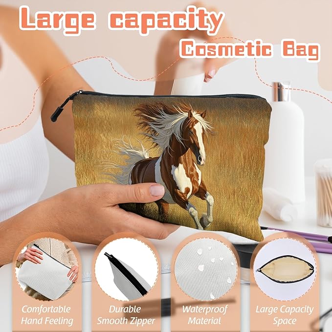 Scribesense Cosmetic Bags Travel Makeup Toilet Case Waterproof Pouch for Women Girls 6.7X9.45inches - Horse Galloped on The Golden Grass