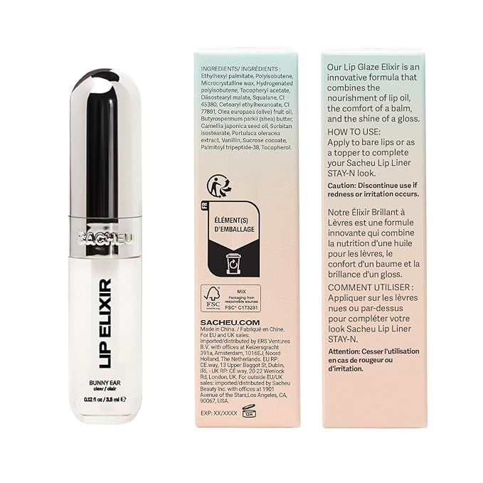 Sacheu Lip Elixir Hydrating Lip Gloss, High-Shine, Bunny Ear (Clear)