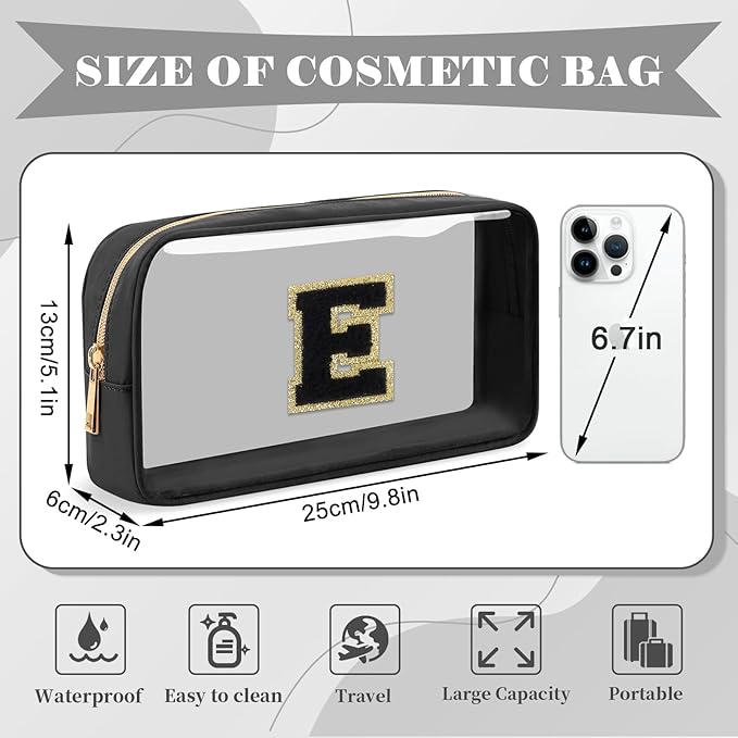 UIXIZQ Personalized Initial Letter Clear Makeup Bag,Preppy Small Nylon&PVC Cosmetic Zipper Bag with Chenille Letter,Travel Skincare Toiletry Bag,Monogram Christmas Gift for Teen Girls Women,E