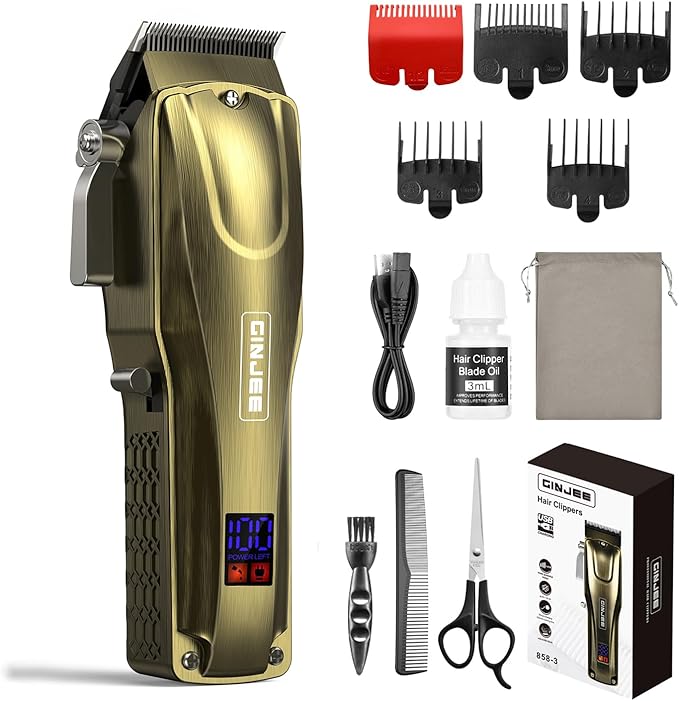 GinJee Hair Clippers for Men, Cordless & Corded Barber Clipper with 5Hrs Runtime, 7000RPM Rotary Motor & LED Display, Waterproof Professional Hair Cutting Kit for Men and Home Use (Gold)