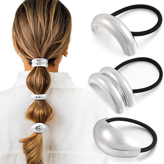 3PCS Silver Hair Ties, Metal Hair Ties for Thick Hair, Elegant Durable Geometric Design, Silver Hair Accessories Stretchy and Non-Damage Ponytail Holders, 3 Styles in Box Gifts Holiday