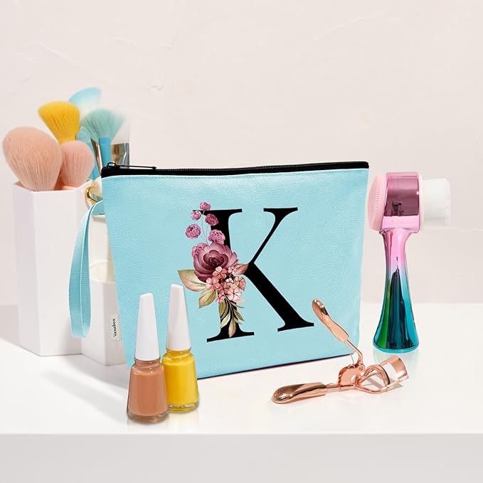 Vavabox A-Z Personalized Makeup Bag, Birthday Gifts for Women Mom, Gifts for Best Friend, Bride Bridesmaid Cosmetic bag (K, Aqua)