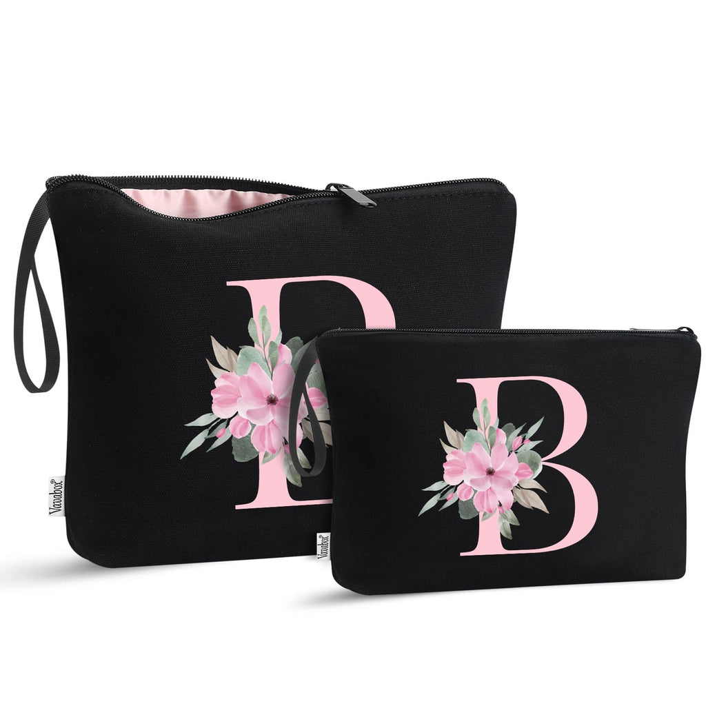 Vavabox A-Z Personalized Makeup Bag, Birthday Gifts for Women Mom, Gifts for Best Friend, Bride Bridesmaid Cosmetic bag (B, 04-Black Set)