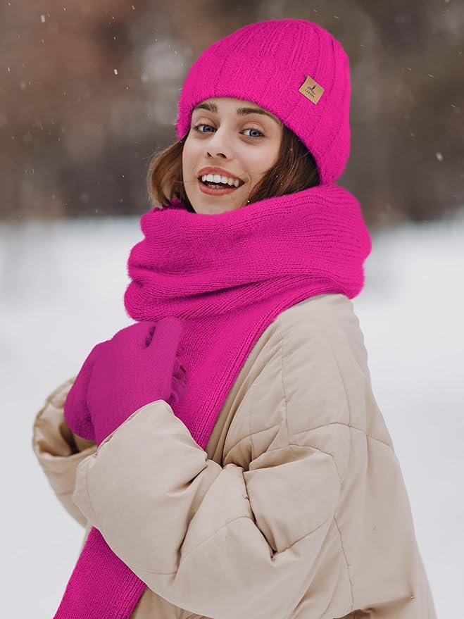 LOROME Winter Beanie Hat Gloves Scarf, Cashmere Hat Gloves Scarf Set Women