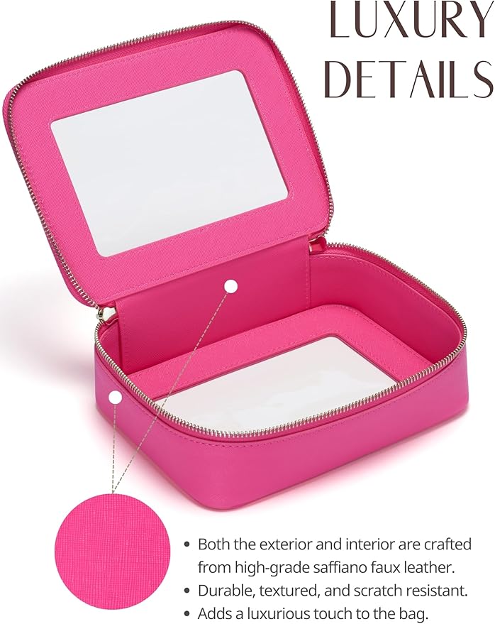 Popvibe Clear Makeup Bag Travel Cosmetic Case Transparent Toiletry Bag with Zipper, Portable Make Up Organizer Traveling Compact Car Bag for Essentials, Hotpink, Medium