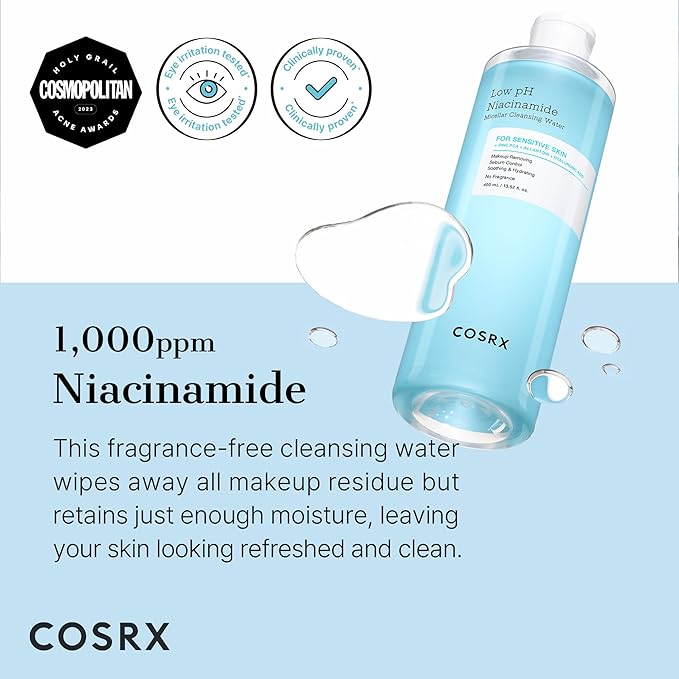 COSRX Low pH Niacinamide Cleansing Water for Sensitive Skin, 13.52 fl.oz