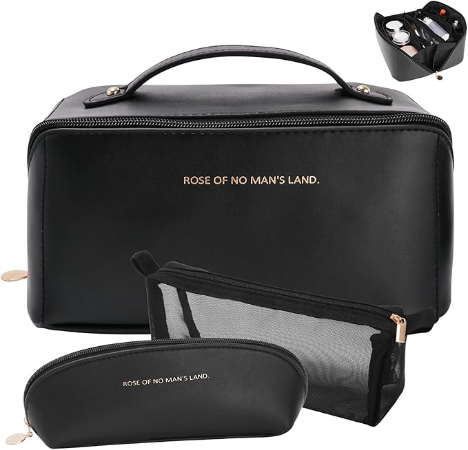 zaleeta 3 Pcs Travel Makeup Bag Portable Large Capacity Cosmetic Bags for Women Open Flat Makeup Case Organizer Bag Set of 3 Waterproof PU Leather Toiletry Bags with Divider and Handle (Black, Medium)