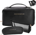 zaleeta 3 Pcs Travel Makeup Bag Portable Large Capacity Cosmetic Bags for Women Open Flat Makeup Case Organizer Bag Set of 3 Waterproof PU Leather Toiletry Bags with Divider and Handle (Black, Medium)