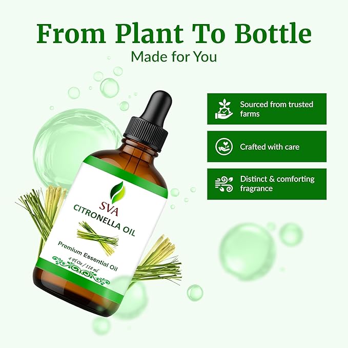 SVA Citronella Essential Oil 4 Fl Oz – for Diffuser, Skin & Hair Care – Ideal for Massage & DIY Blends – with Dropper