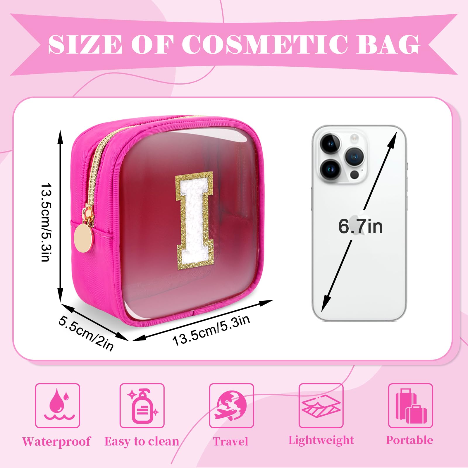 Personalized Initial Letter Clear Preppy Makeup Bag,Mini Nylon Chenille Letter Cosmetic Bag Cute Zipper Pouch Coin Purse for Teen Girls,Portable TSA Approved Travel Essentials Bag Gift for Women,I