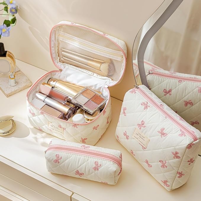 HBselect Quilted Makeup Bag, 3Pcs Cotton Large Travel Makeup Bags Organizer