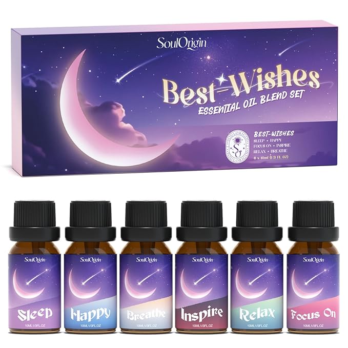 Soulorigin Essential Oil Blends, Essential Oils for Diffusers for Home, Best-Wishes Kit Scent Diffuser Oil, Use for Soap Candle Making- Sleep, Happy, Breathe, Inspire, Relax, Focus On