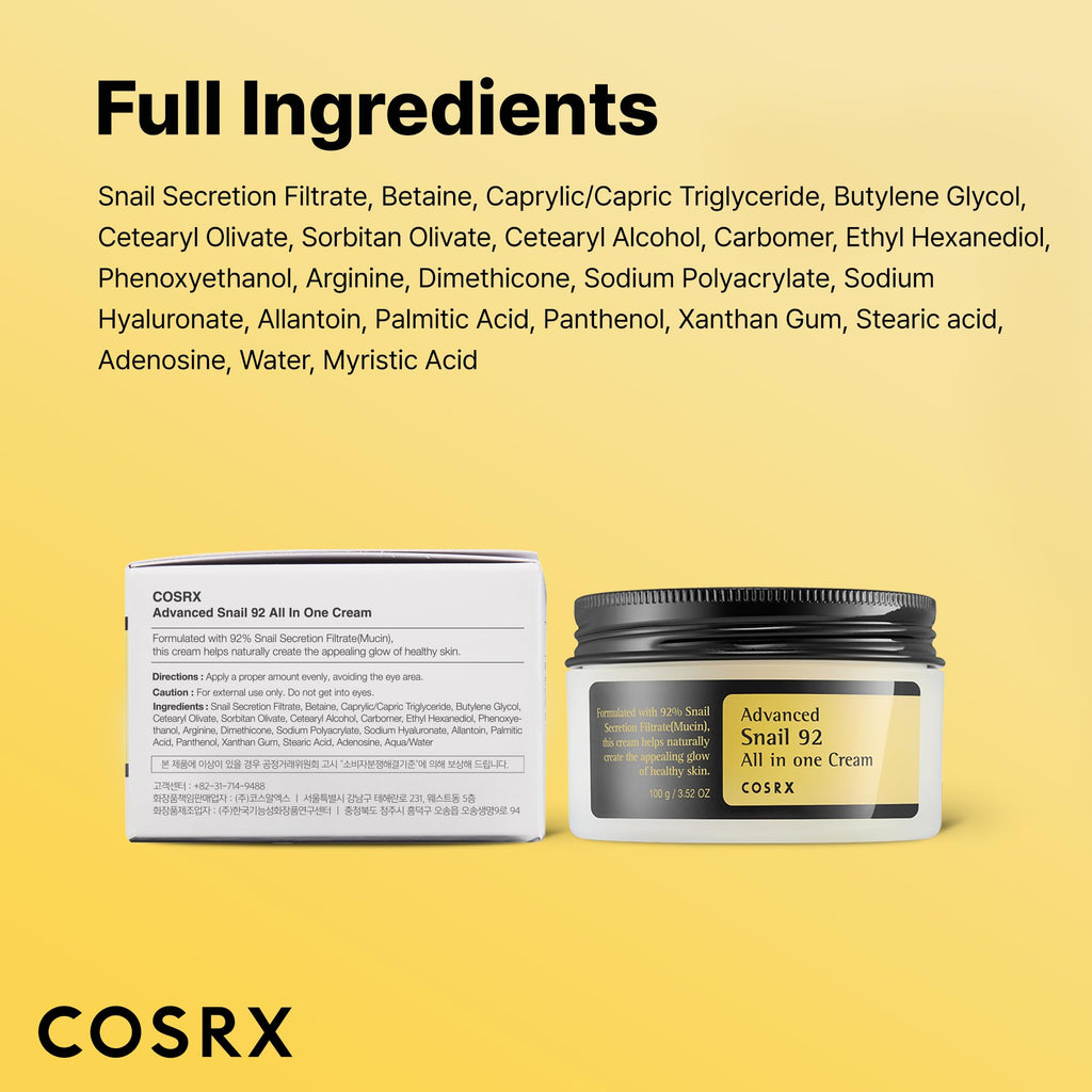 COSRX Snail Mucin 92% Face Moisturizer for Soft & Glowy Skin, 3.52 oz.