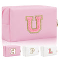 Personalized Initial Letter Patch Makeup Bag, Preppy Small Chenille Letter Cosmetic Bag with Zipper, PU Leather Waterproof Travel Toiletry Bag Monogram Make Up Pouch for Women Girls(Letter U)