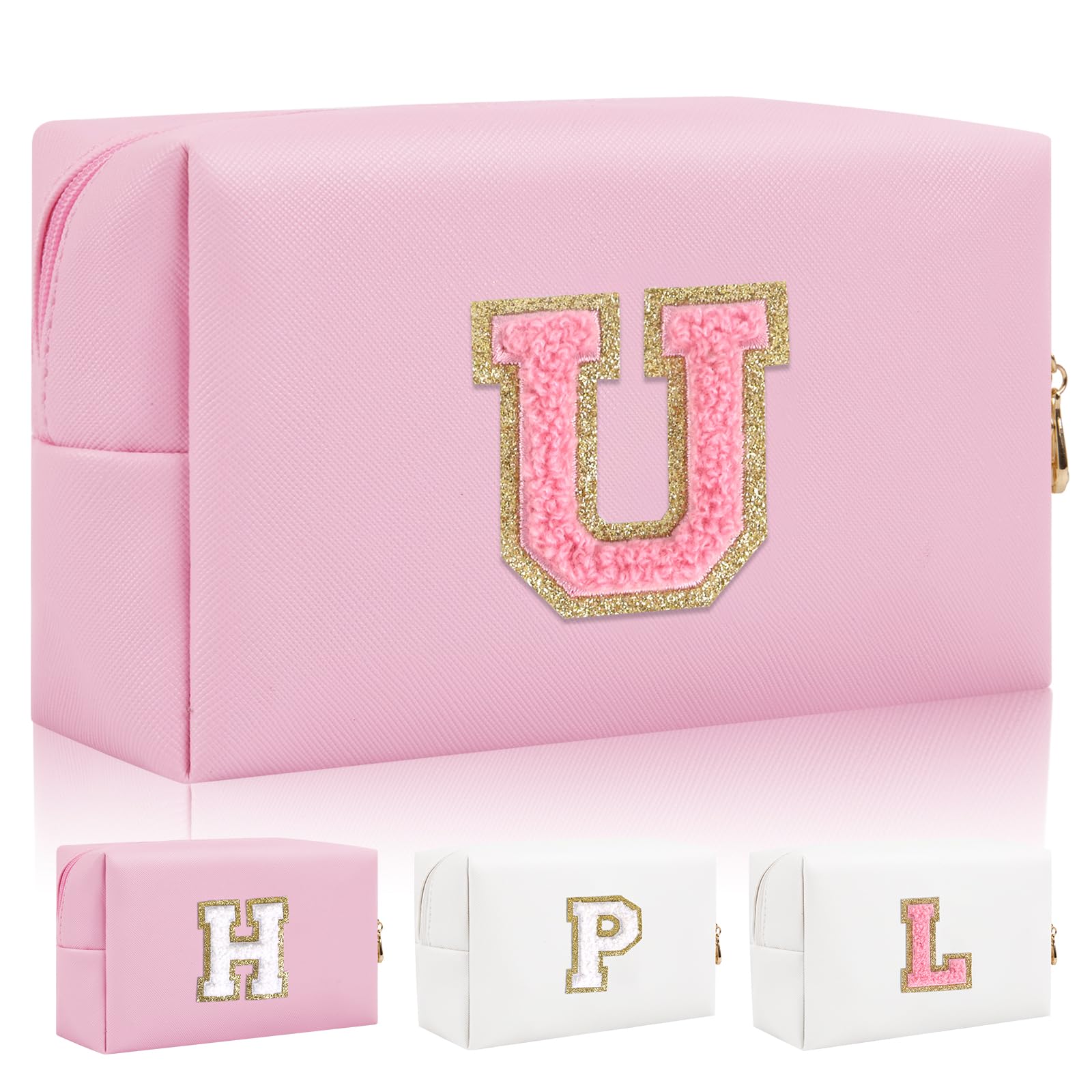 Personalized Initial Letter Patch Makeup Bag, Preppy Small Chenille Letter Cosmetic Bag with Zipper, PU Leather Waterproof Travel Toiletry Bag Monogram Make Up Pouch for Women Girls(Letter U)