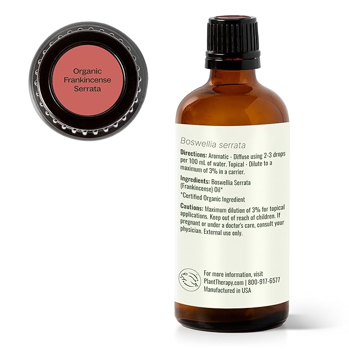Plant Therapy Organic Frankincense Serrata Essential Oil, 100 mL (3.3 oz), USDA Certified Organic, 100% Pure and Undiluted, Great for Aromatherapy and DIY Skin Care