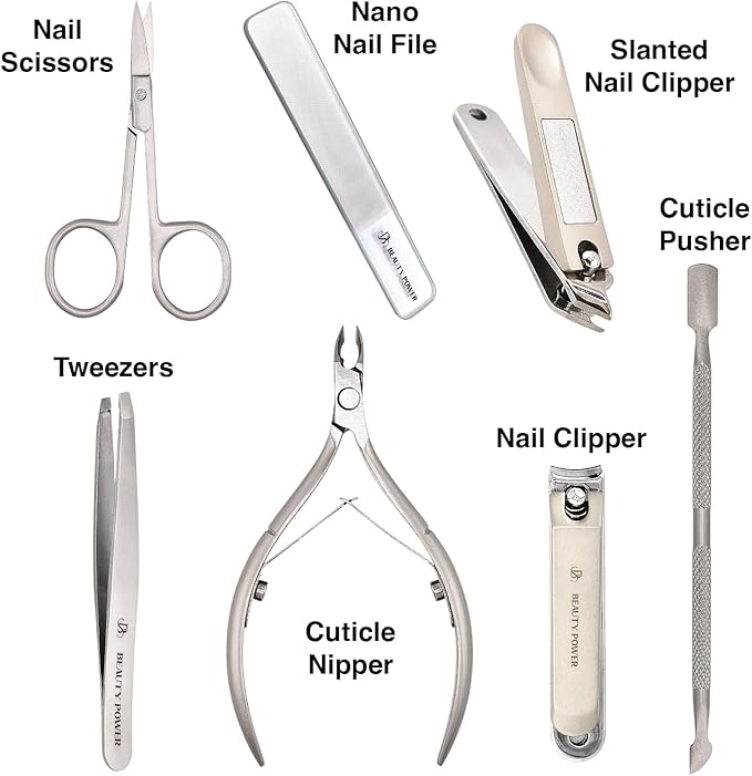 Beauty Power Manicure Pedicure Set 7-in-1 Stainless Steel, Ultra Sharp, Slanted Nail Clipper, Fingernail Clipper, Cuticle Nipper, Glass Nail File, Eyebrow Tweezers, Scissors, Case - Gift Idea - Gray