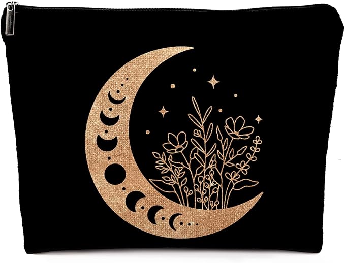 Dwept Boho Floral Celestial Crescent Moon Phase Makeup Bag, Mystical Crescent Moon Linen Makeup Travel Toiletry Bag, Abstract Floral Moon Cosmetic Bag Gifts For Girls Women Daughter Sister