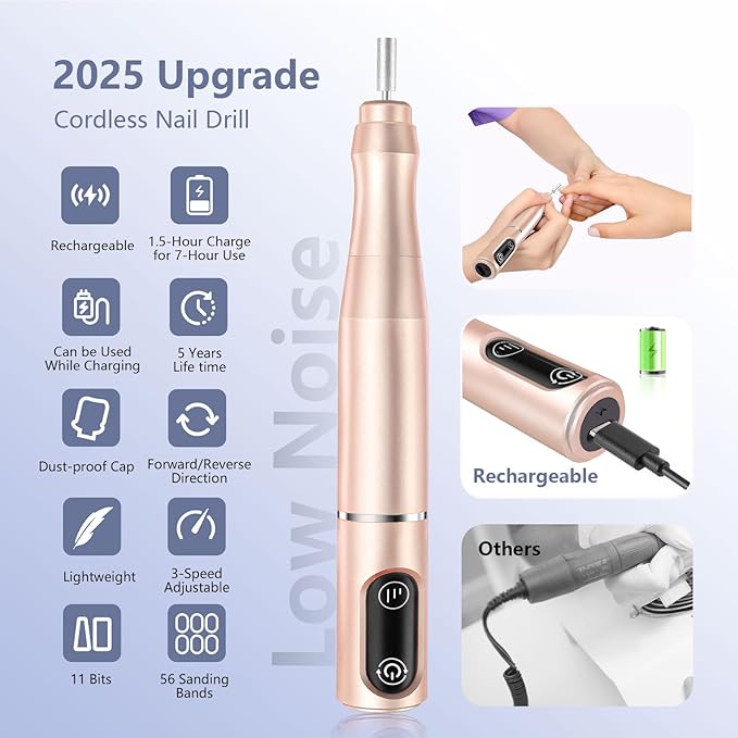 TUOBEO Cordless Nail Drill Electric Rechargeable File Kit, Professional Efile Acrylic Gel Nail Polish Remover Pedicure Manicure Machine Portable Set with 11 Bits 56 Sanding Bands for Salon Home Gold