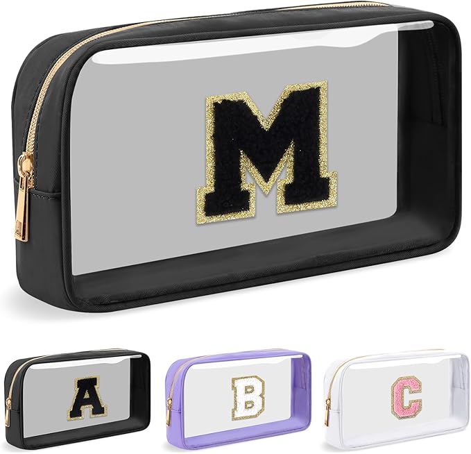 UIXIZQ Personalized Initial Letter Clear Makeup Bag,Preppy Small Nylon&PVC Cosmetic Zipper Bag with Chenille Letter,Travel Skincare Toiletry Bag,Monogram Christmas Gift for Teen Girls Women,M