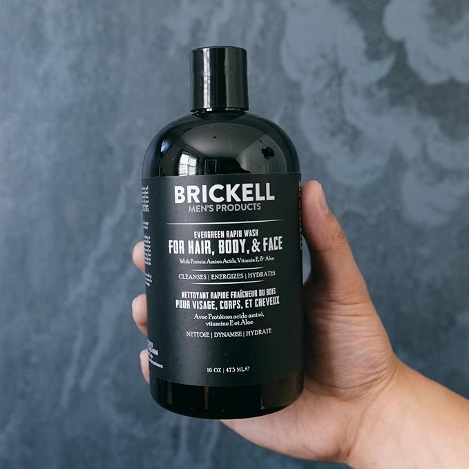 Brickell Men's Rapid Wash, 3 in 1 Body Wash Gel for Men, With Aloe, Vitamin E, and Jojoba Oil, 16 Ounce, Evergreen Scent