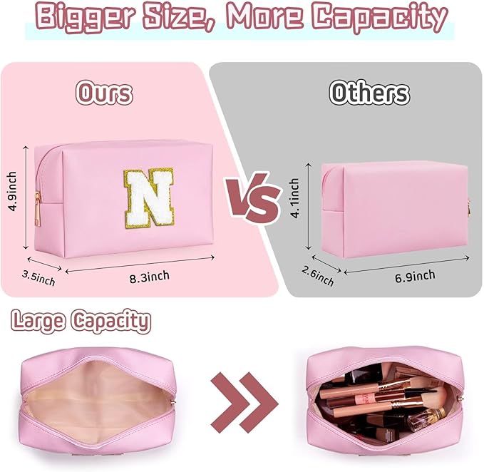 TOPEAST Initial Makeup Bags for Women, Personalized Portable Cosmetic Bag for Travel, Cute Makeup Pouch, PU Leather Waterproof Toiletry Bag, Preppy Things for Girl (Pink V)