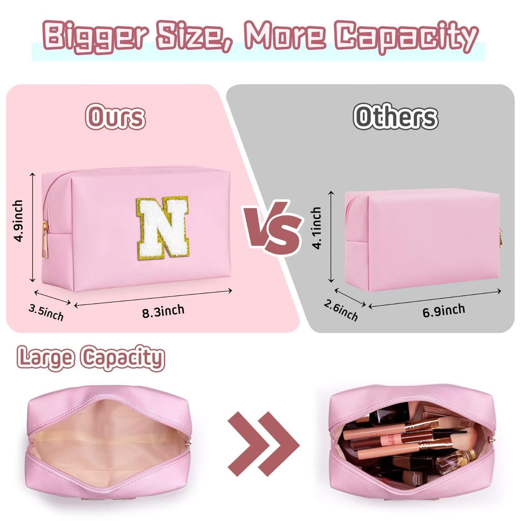 TOPEAST Dorm Room Essentials for Girls - Pink Initial Makeup Bag, College Essentials PU Leather Bag | Travel Car Essentials | Cute Stuff Birthday Gift for Friends Sister (Pink T)