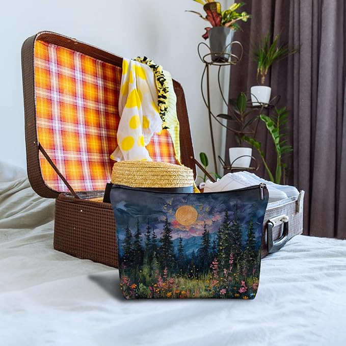 Zomhix Full Moon Above the Wildflowers Makeup bag, Cottagecore Accessories Cosmetic Bag, Cottagecore Gifts, Mystical Under Cold Moons Scenic Cosmetic Bag Toiletry Bag
