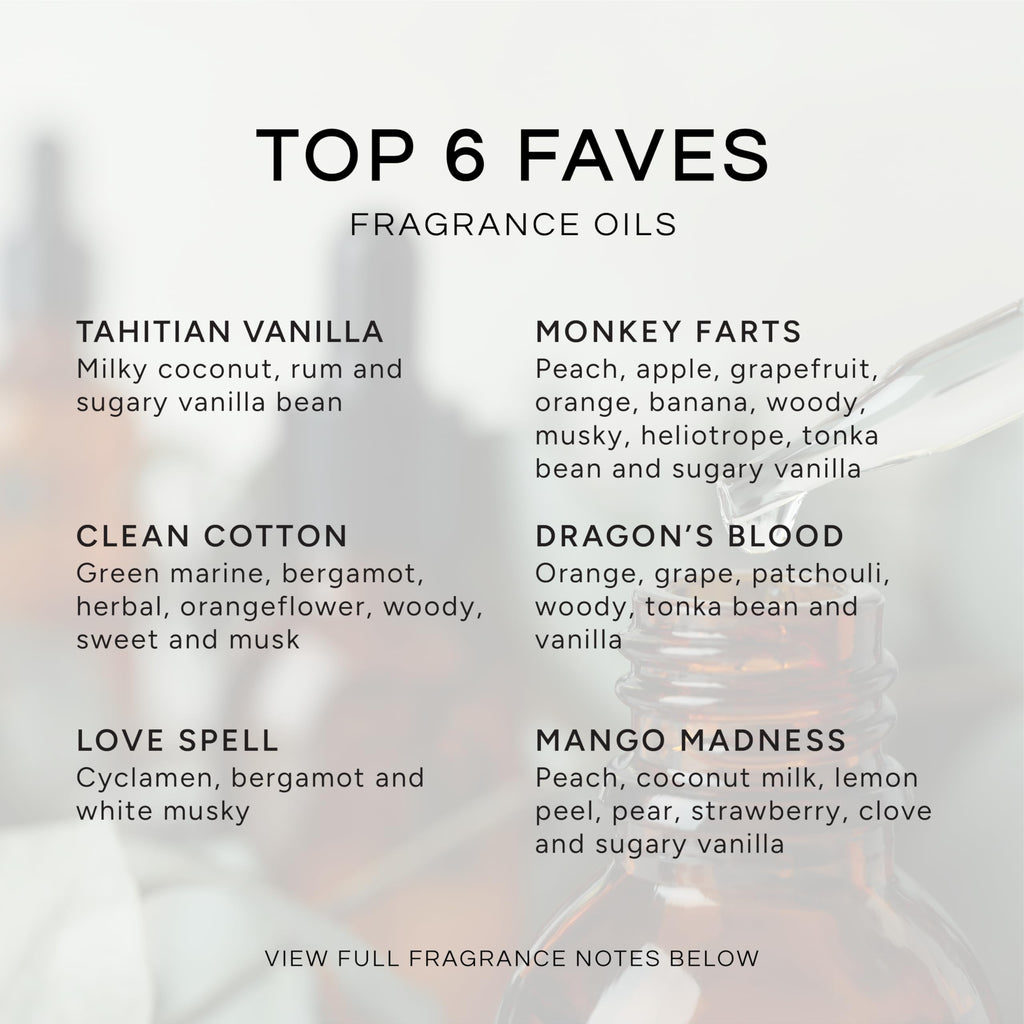 Top 6 Faves - Set of 6 Premium Fragrance Oils - Love Spell, Tahitian Vanilla, Clean Cotton, Mango, Dragon's Blood and Monkey Farts - 10ML