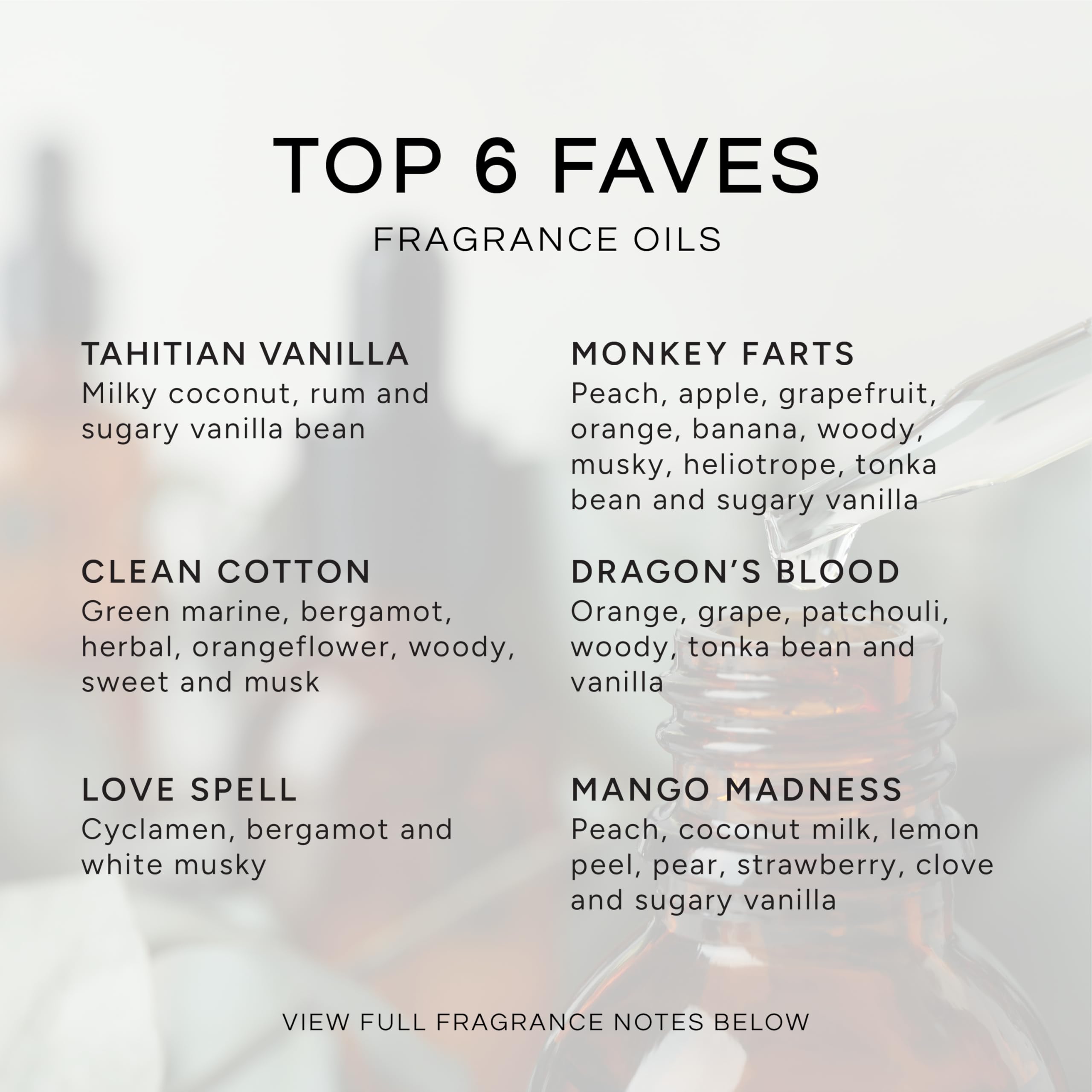 Top 6 Faves - Set of 6 Premium Fragrance Oils - Love Spell, Tahitian Vanilla, Clean Cotton, Mango, Dragon's Blood and Monkey Farts - 10ML