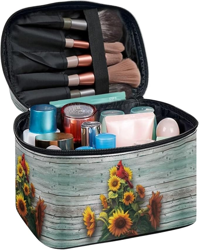 Drydeepin Cardinal Bird and Sunflower Print Travel Makeup Bags for Women Portable Tote Cosmetic Case with Carry Handle Toiletry Accessories Storage Organizer Bags