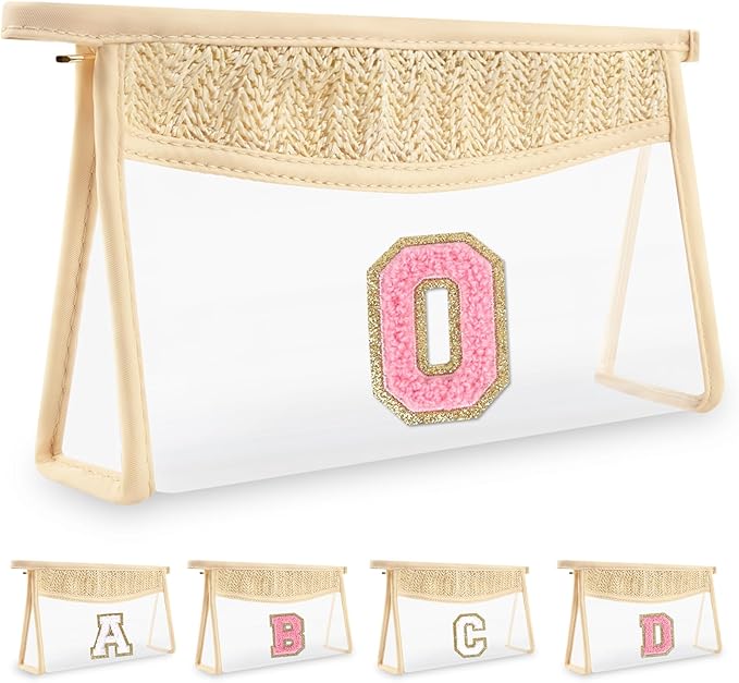 Small Boho Straw Initial Letter Makeup Bag Personalized Gift,Cute Clear Chenille Patch Makeup Bag With Zipper,Trendy TSA Approved Travel Toiletry Bag,Gift for Women Girls Birthday Friend, Letter O