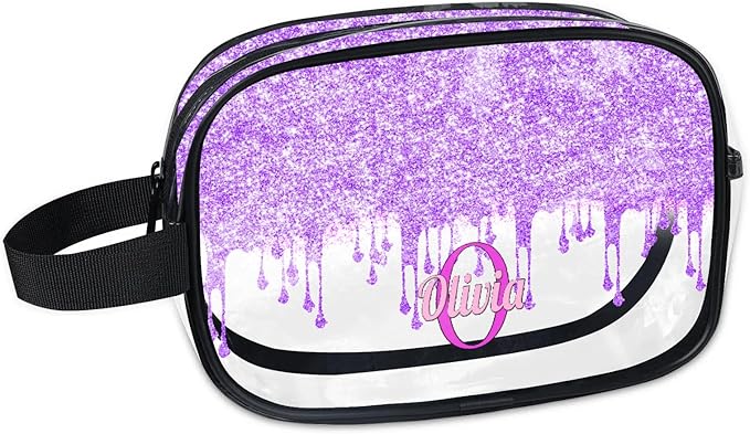 KFNHN Personalized Travel Cosmetic Bag Waterproof Makeup Bags, Custom Name Clear PVC Organizer Case Toiletries Container Bag, Romantic Purple Curtain Glittering