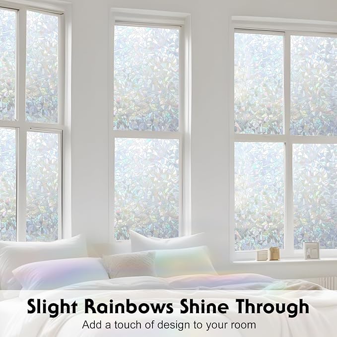 Volcanics Rainbow Window Privacy Film with Installation Tools, Decorative Stained Glass Window Film, Static Window Clings, Heat Control Window Tinting Film Stickers, Grayish Silver, 35.4 x 78.7 inches