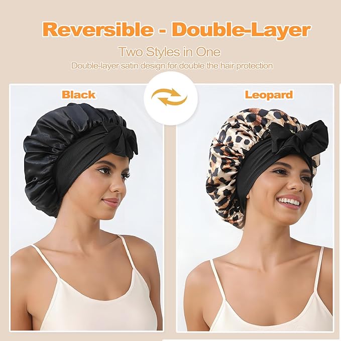 GDTOGRT Satin Silk Bonnet for Sleeping Women, Double Layer Sleep Hair Bonnets Caps for Curly Natural Hair with Tie Band Leopard-Black