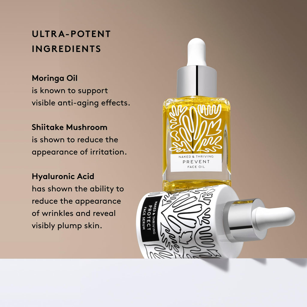 Naked & Thriving Limited Edition Day Set | Protect Antioxidant Day Serum (30 mL) + Prevent Anti-Aging Face Oil (35 mL) with Hyaluronic Acid, Moringa and Rosehip Oil | 65 mL/2.18 fl oz (Set of 2)