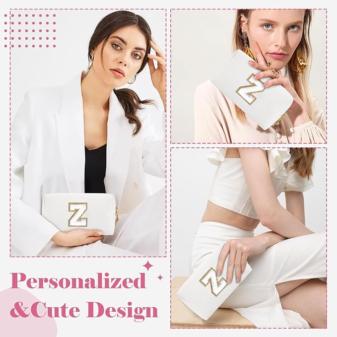 Small Personalized Initial A-Z Preppy Patch Makeup Bag,White PU Chenille Letter Travel Cosmetic Pouch with Zipper,Cute Toiletry Bag,Gift Ideal for Teen Girls Women Teacher Bridesmaid,Letter Z