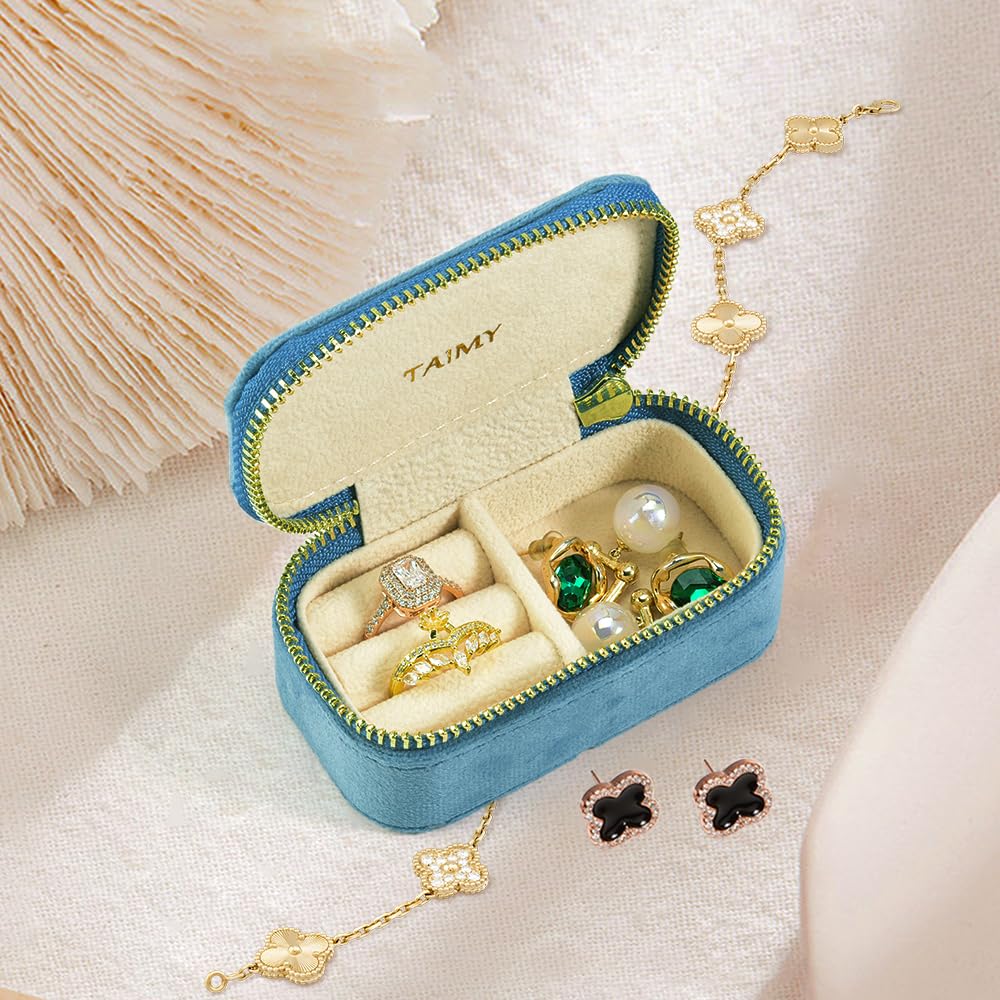 TAIMY Small Travel Jewelry Case, Mini Tiny Plush Velvet Jewelry Box for Women and Girls, Pocket Size Jewelry holder organizer for Rings Earrings and Small Items(Coral Blue)