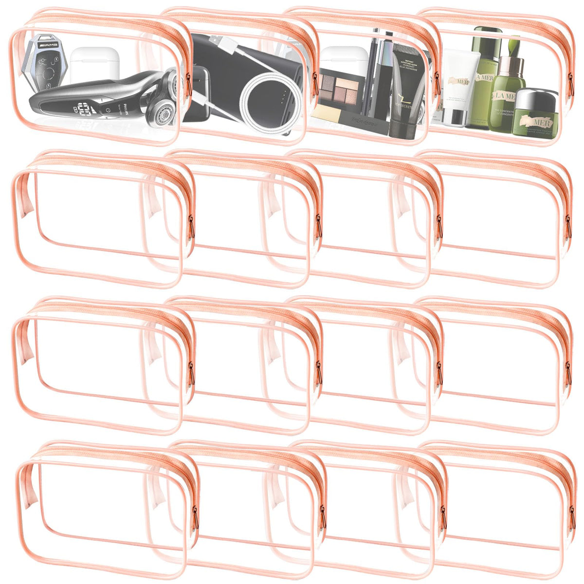 16 Pieces Clear Makeup Bags Bulk, TSA Approved Toiletry Bag for Travel, PVC Waterproof Travel Pouches Clear Pouch with Zipper for Men and Women Carry-on Travel Essentials Cosmetic Bags (Orange)