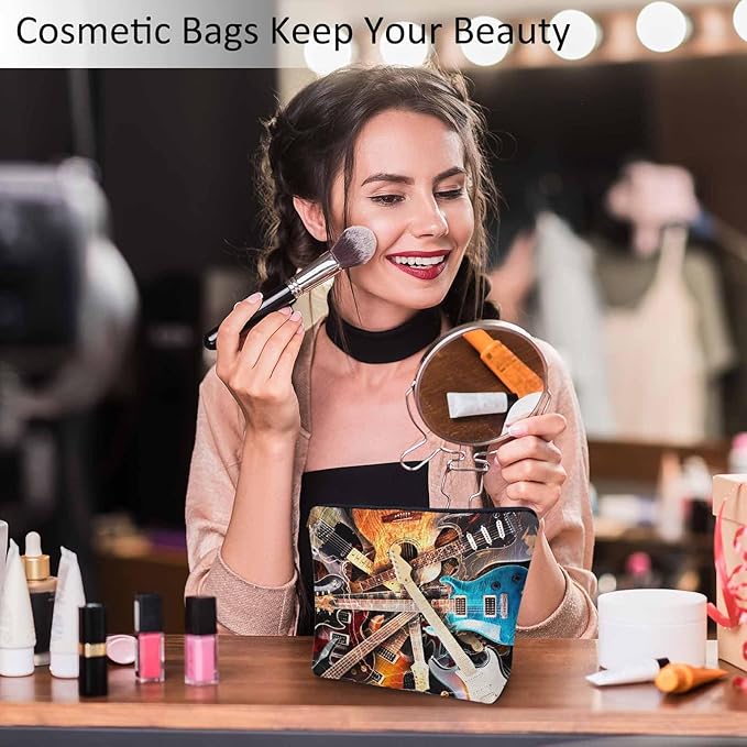 Kalygon Rock Guitar Makeup Bag For Women, Adorable Cosmetic Bag Makeup Bags, Lightning Music Guitar Zipper Bag Travel Bags Toiletry Organizers Pouch Bags Washing Bags For Gym Bathroom