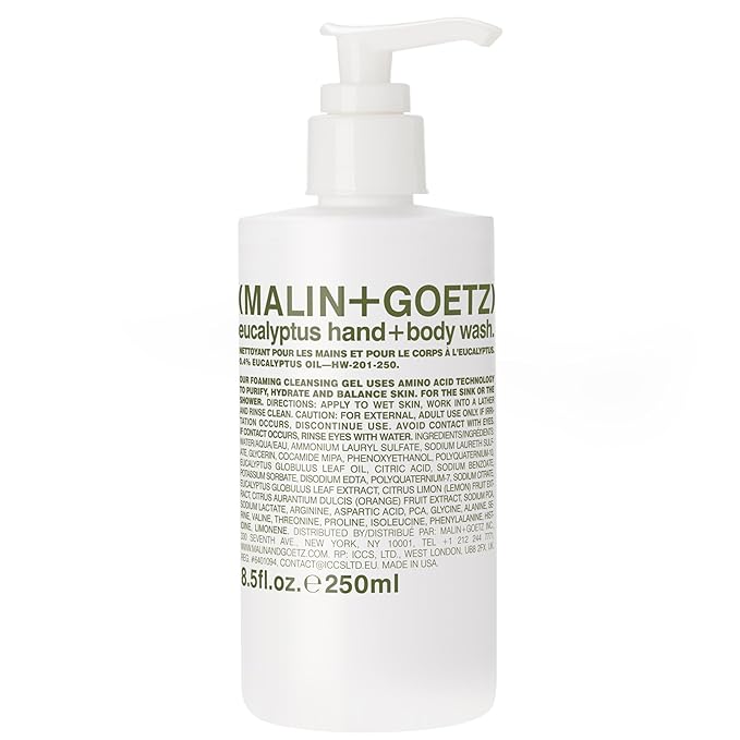 MALIN+GOETZ Hand + Body Wash | Gentle Foaming Cleanser with Botanical Extracts and Amino Acids | Hydrating, pH-Balanced, Unisex Scent | Vegan & Cruelty-Free (Eucalyptus, 8.5 Fl Oz)
