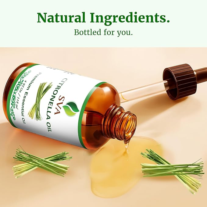 SVA Citronella Essential Oil 4 Fl Oz – for Diffuser, Skin & Hair Care – Ideal for Massage & DIY Blends – with Dropper