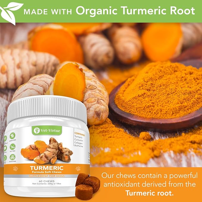 Turmeric for Dogs - Hip & Joint Supplement for Senior Dogs with Arthritis | Natural Anti Inflammatory Pain Relief | Organic Curcumin, Collagen & BioPerine | NASC Certified Made in USA - 60 Soft Chews