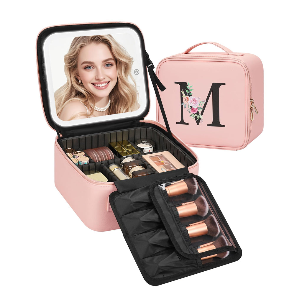 Relavel Initial Makeup Bag with LED Mirror for Women Girls, Personalized Travel Cosmetic Organizer Train Case, Birthday Gifts for Grandkids Bridesmaid Graduation Teacher Friends, Trendy Stuff, Pink M