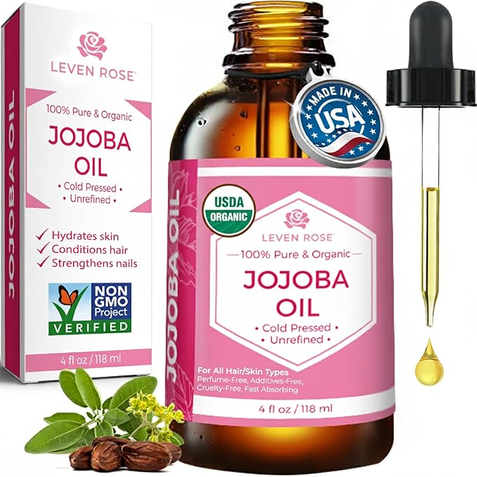 Leven Rose Jojoba Oil Organic Cold Pressed for Skin, Hair & Nails, 4 oz