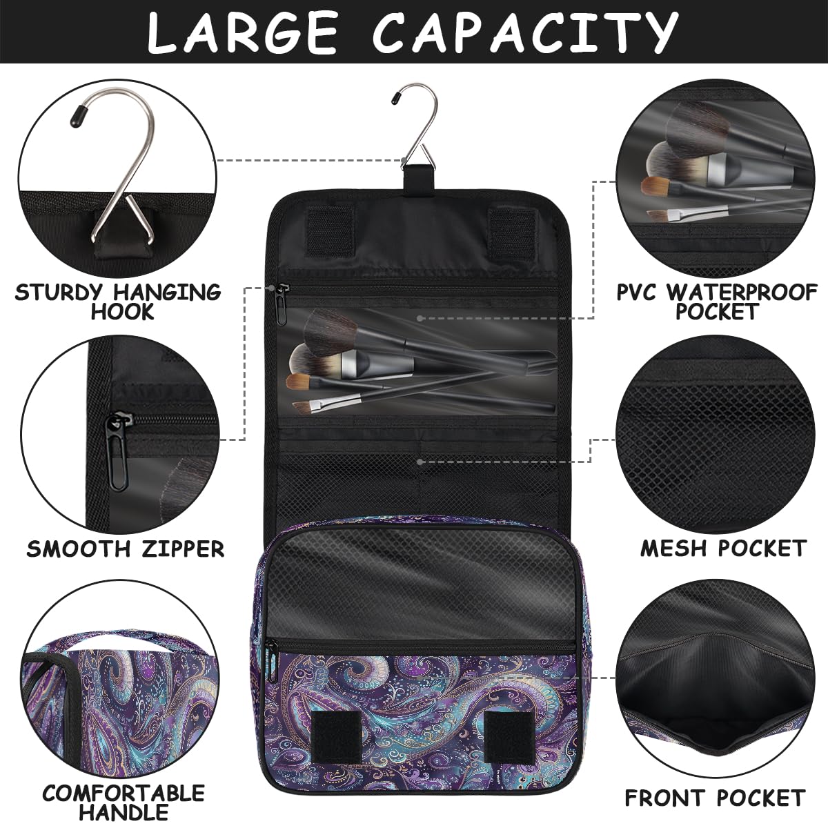 Paisley Travel Toiletry Bag Women Men Hanging Cosmetic Organizer Portable