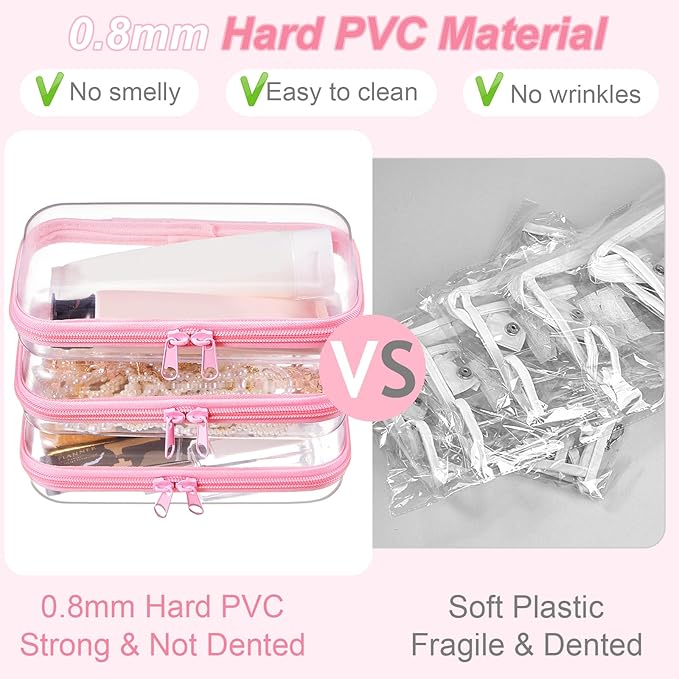 Hoolerry 3 Pcs Clear Hard Zipper Case Hard Plastic Zipper Pouch Makeup Bag Portable Travel Organizer for Cosmetics, Office Supplies, Documents & Toiletries(Pink,S)