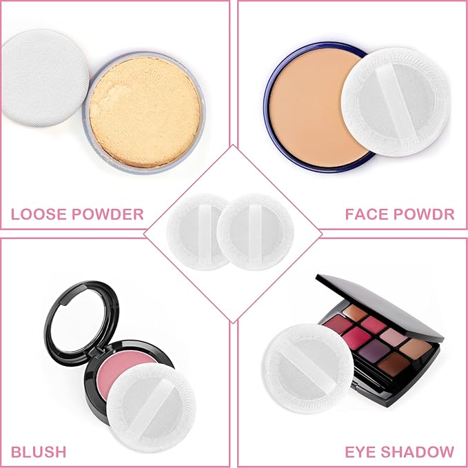 Sibba Powder-Puff 2PCS Cotton Cosmetic Face Makeup Velour Powder Pads with Ribbon for Loose and Foundation Round White Dry Puff Suitable for Eyeshadow Blush Concealer and etc.