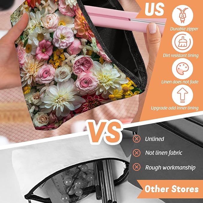 Scribesense Makeup Bag Travel Cosmetic Bags Small Makeup Case Waterproof Zipper Pouch for Women Girls 7X9inches - Exuberant Array of Multicolored Fresh Flowers