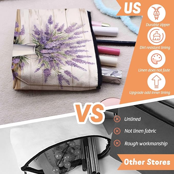 Scribesense Cosmetic Bags Travel Makeup Toilet Case Waterproof Pouch for Women Girls 6.7X9.45inches - Lavender in A White Pitcher on A White - Wood Background